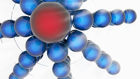 Pyramid of blue balls with red on the top on a white background