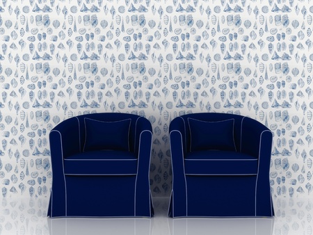 Luxury modern blue armchair on wallpaper backgroundの写真素材