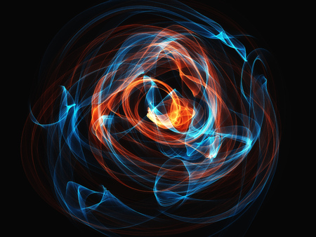 blue and orange contrast smoke waves on  black background glowing abstract backgroundの写真素材