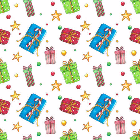 Marker hand drawn Christmas pattern with lollipops, gifts and stars. Seamless texture for New Years decor, fabric, wrapping paper.の写真素材