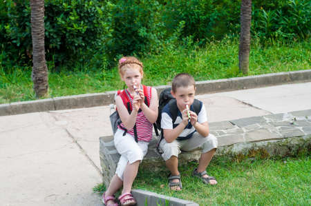 Girl and boy playing a pipe in natureの写真素材