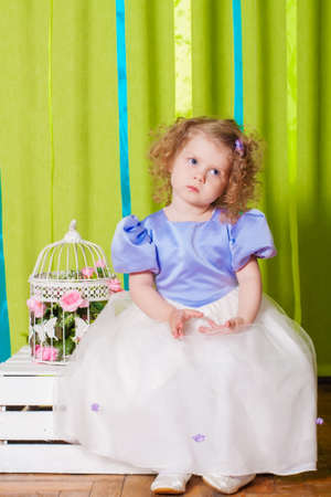 Little girl in a beautiful dress with decorative birdcagesの写真素材