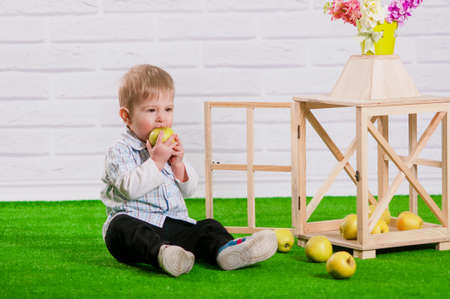 Little boy eating a green appleの写真素材