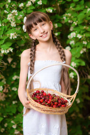 Little girl with summer cherries in her handsの写真素材