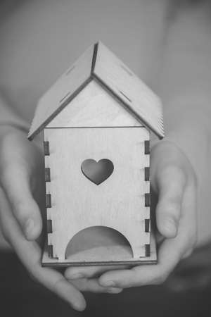 Women's hands with a small wooden houseの写真素材