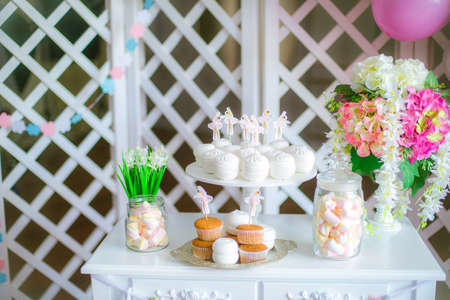 Candy bar in pink colors for a children's party. Decorated with airy bright balloons baby candy barの写真素材