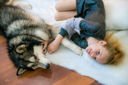 Cute girl at home with a dog Malamut