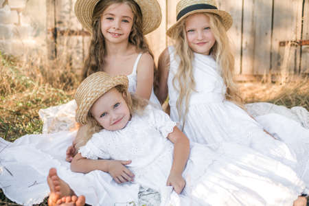 little girls with blond hair in a summer fieldの写真素材