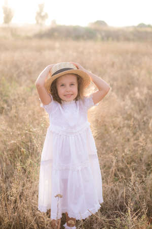 A cute little girl with long blond curly hair in a white summer dress in a field in the countryside in summer at sunset. Nature and Ecolifeの写真素材