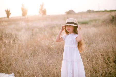 Little girl in white dress and straw hat on the field at sunsetの写真素材