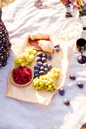 Picnic in the park on a sunny summer day. Picnic basket with grapes, croissants, raspberries and blueberries.の写真素材