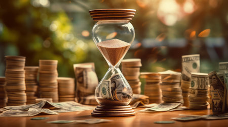 Hourglass surrounded by money on a table with nice bokeh showingcasing the concept of compound interest effect, time is money, dividends, passive income, generative aiの素材