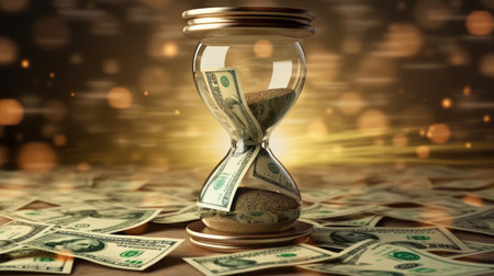 Hourglass filled with money and surrounded by money showingcasing the concept of compound interest effect, time is money, dividends, passive income, bokeh, generative aiの素材