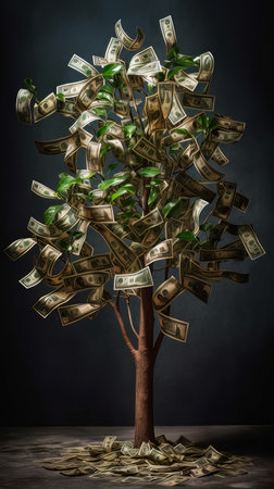 Money tree with banknotes as leaves growing on a pile of money showingcasing the concept of financial growth and passive income, dividends, vertical, generative aiの素材
