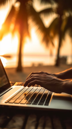 Closeup of unrecognizable digital nomad typing on laptop at the beach showingcasing the concept of making money online, sunset, vertical, generative aiの素材