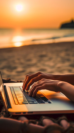Closeup of unrecognizable digital nomad typing on laptop at the beach showingcasing the concept of making money online, sunset, vertical, generative aiの素材