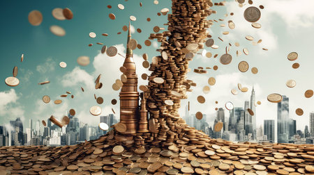 Money rain and stack of coins showingcasing abstract concept of compound interest effect and financial growth, time is money, dividends, passive income, generative aiの素材