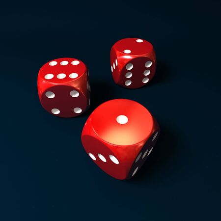 three red dice on a blue background