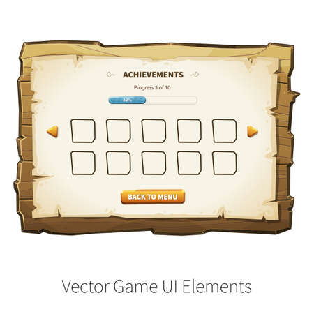 Game achievements screen. Vector graphical user interface UI GUI for 2d video games. Wooden menu, panels and buttons for menu.