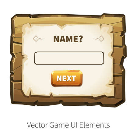 Game alert. Message screen. Vector graphical user interface UI GUI for 2d video games. Wooden menu, panels and buttons for menu.
