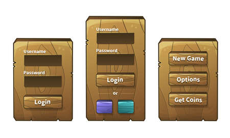 Vector set of graphical user interface UI GUI for 2d video games. Wooden menu, panels and buttons for menu. Social networks login optionのイラスト素材