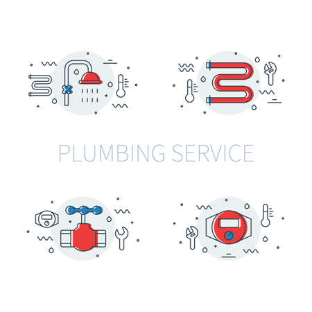 Plumbing service set of illustrations and logos with shower, heated towel rail, valve and water meterのイラスト素材
