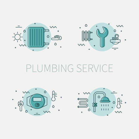 Plumbing service set of illustrations and logos with heater radiator, wrench, water meter and showerのイラスト素材