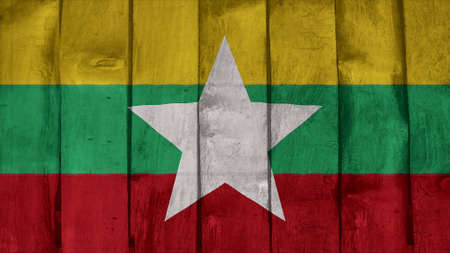 myanmar Flag on the wood textureの写真素材