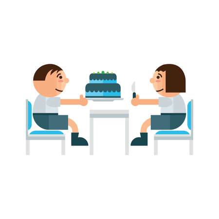 eating cake in restaurant  green, blue colorのイラスト素材