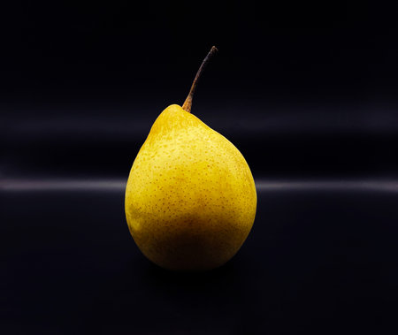 A single yellow pear with speckles on a dark blue backgroundの写真素材