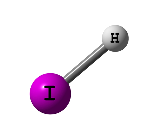 Hydrogen iodide (HI) is a colorless gas that reacts with oxygen to give water and iodineの写真素材