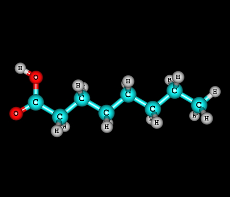 Caprylic (octanoic) acid. Its compounds are found naturally in the milk of various mammals, and as a minor constituent of coconut oil and palm kernel oil.の写真素材