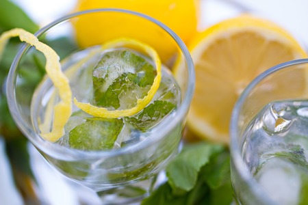 Glass of sparkling mineral water with mint and lemonの写真素材