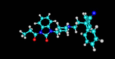 Bezitramide is an opioid analgesic. Bezitramide itself is a prodrug which is readily hydrolyzed in the gastrointestinal tract to its main metabolite, despropionyl-bezitramide. 3d illustrationの写真素材