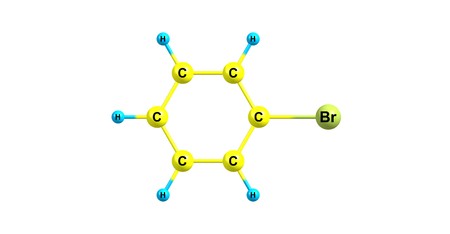 Bromobenzene is an aryl halide C6H5Br which can be formed by electrophilic aromatic substitution of benzene using bromine. It is a clear, colourless or pale yellow liquid. 3d illustrationの写真素材