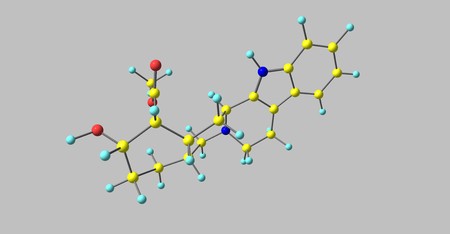 Yohimbine is an indole alkaloid derived from the bark of the Pausinystalia yohimbe tree in Central Africa. It is a veterinary drug used to reverse sedation in dogs and deer. 3d illustrationの写真素材