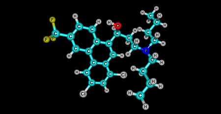 Halofantrine is a drug used to treat malaria. Halofantrine's structure contains a substituted phenanthrene, and is related to the antimalarial drugs quinine and lumefantrine. 3d illustrationの写真素材