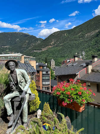 ANDORRA, ANDORRA DE VELLA, JUNE 2021. Beautiful view of Andorra La Vella, capital of Andorra. Summer day. Vertical photo.のeditorial素材