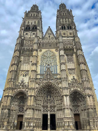 Beautiful Gothic cathedral France, vertical photo, no people, oldの写真素材