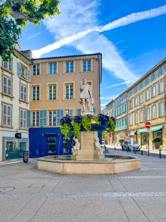 Aups, France, July 9, 2021, French old square in provence. France. Aups town. Vertical photo.のeditorial素材