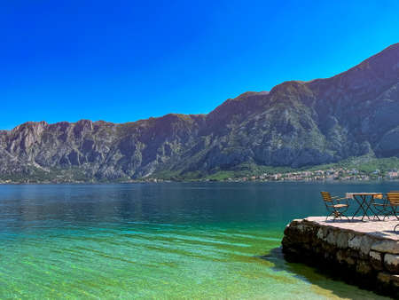 Beautiful beach with sea and mountain views. Montenegro.