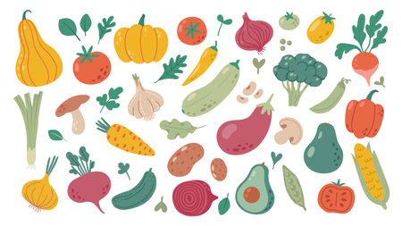 Simple doodle vegetables. Vegan diet grocery products, healthy food cooking ingredients hand drawn vector illustration set. Organic beetroot, garlic, fresh eggplant, pumpkin. Grocery storeのイラスト素材