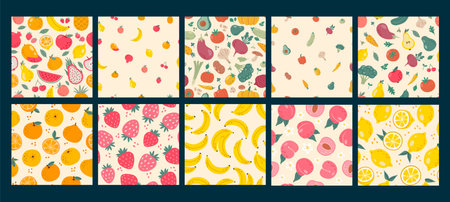 Doodle grocery patterns. Local food vegetables, sweet fruits and berries seamless vector background illustration set. Fresh organic veggies, tasty citrus and berries seamless patternのイラスト素材
