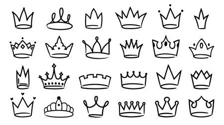 Hand drawn crown. Simple sketch royal king and queen crowns, hand drawn elegant majestic tiara and monarch graffiti vector icons set. Male and female royal accessory with gems, jewelryのイラスト素材
