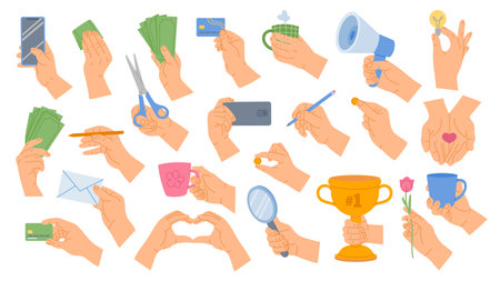 Hand gestures. Human hands hold megaphone, light bulb, pencil and magnifying glass. Palm with envelope, cup, money and heart cartoon vector illustration set. Person with trophy, smartphoneのイラスト素材