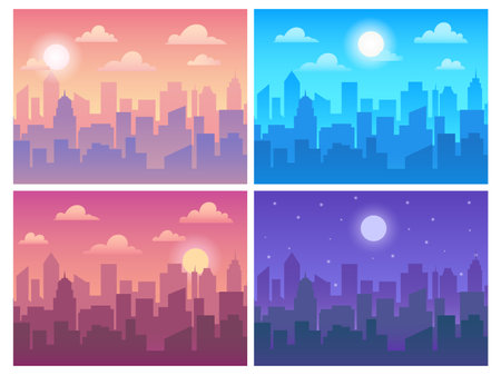 Daytime cityscape. Morning town, afternoon city, evening skyscrape and night urban background. Different time of day vector illustration set. Cityscape silhouette sunset and sunriseのイラスト素材