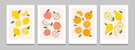 Abstract flat posters with fruit. Cartoon poster with tropical appetizing citrus, organic berry, fresh pear and apple, sweat peach on background. Vector set. Plant blossom, half and whole lemon orangeのイラスト素材