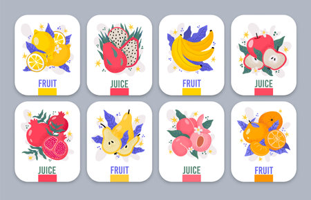 Fruits and berries juice labels. Hand drawn juicy fresh organic fruit. Natural tropical fruit, apple and pear, lemon and citrus tags. Refreshing drinks with dragonfruit, pomegranate tasteのイラスト素材