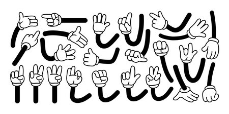 Cartoon hands in gloves. Funny retro mascot hand gestures and comic vintage arm character in expression poses. Palm and finger action. Vector set. Body language movements, signals of communicationのイラスト素材