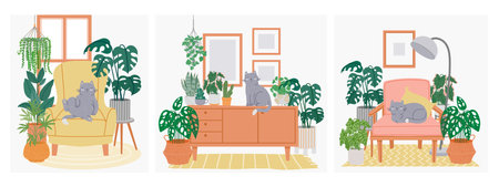 Interior with cat and houseplants. Composition with cozy home, relaxing pet cats on armchair and cupboard with flower and pots. Hygge room. Vector illustration. Animal on armchair or cupboardのイラスト素材